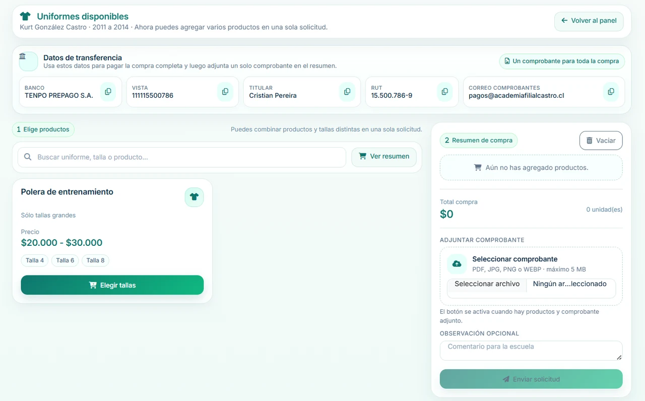 Vista del módulo de ventas de Sport360 con selección de productos, datos de transferencia, carrito y carga de comprobante